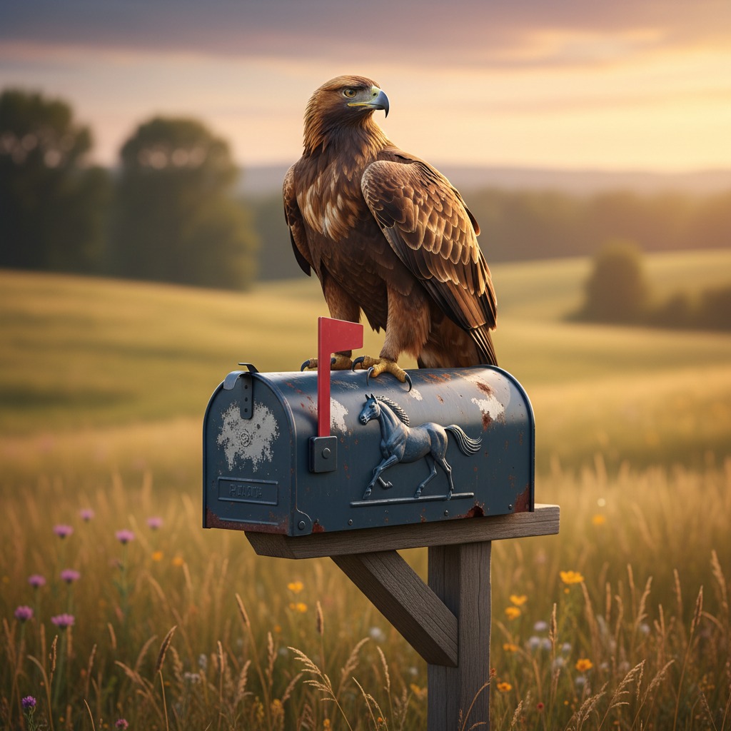 A golden eagle perches on top of a weathered blue mailbox decorated with a horse emblem in a grassy field at sunset.
