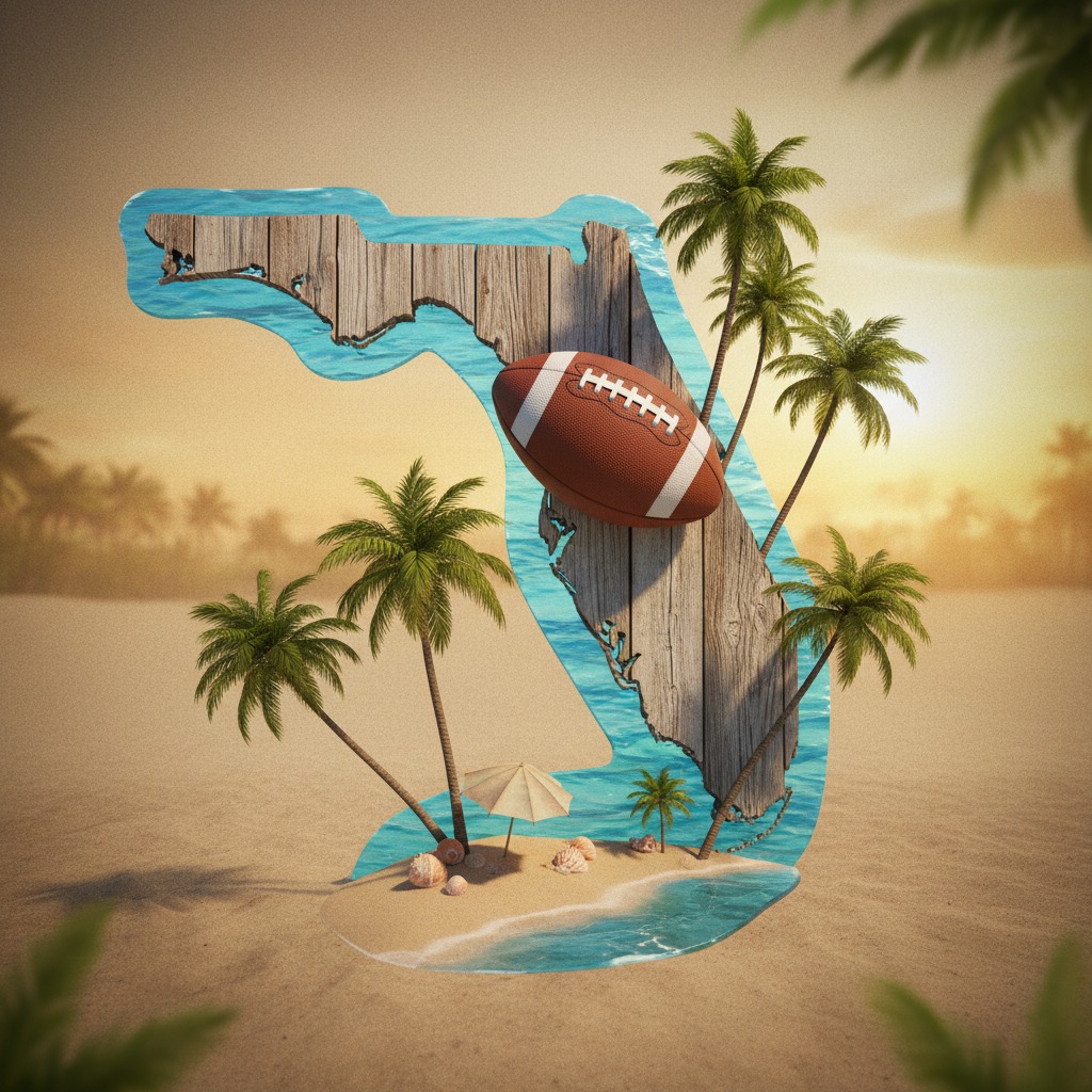 A wooden cutout of Florida shaped like a beach scene with palm trees, a football, and a small sandy island against a sunset background.