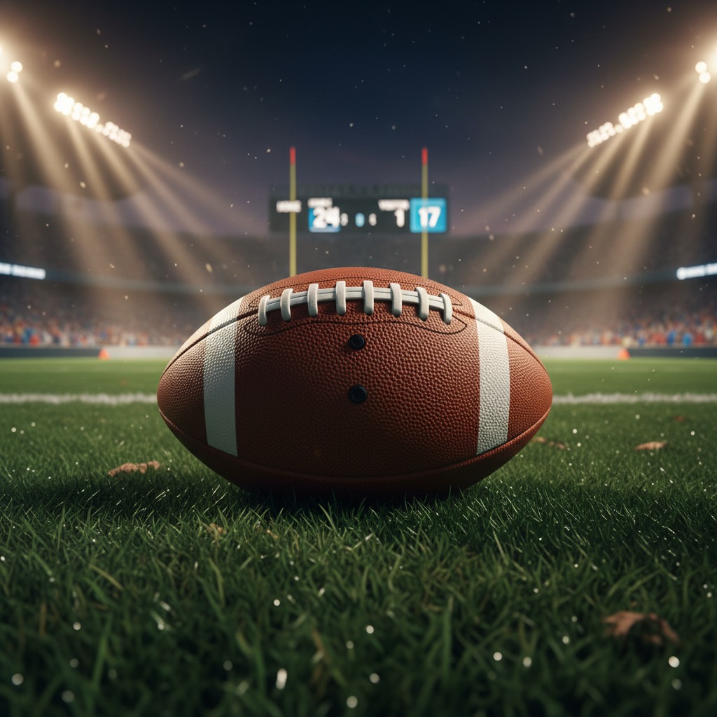 A brown leather football sits on the grass of a stadium field under bright floodlights at night.